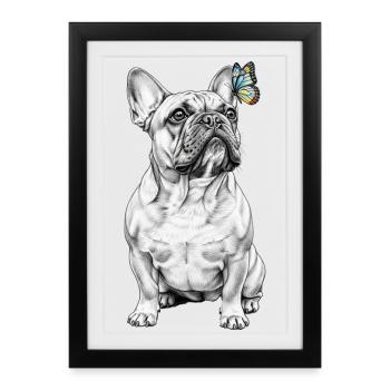 Croquis du bouledogue français et du papillon - Affiche encadrée (27 × 37 cm) - noir - Devant