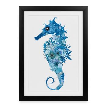 Hippocampe avec coraux, coquillages et anémones de mer - Affiche encadrée (27 × 37 cm) - noir - Devant