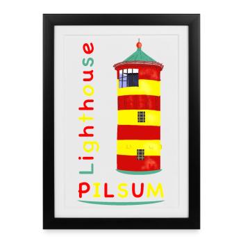 Phare de Pilsum, point de repère, dessin. - Affiche encadrée (27 × 37 cm) - noir - Devant
