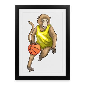 Affe Basketballspieler Basketball - Gerahmtes Poster (27 × 37 cm) - Schwarz - Vorne