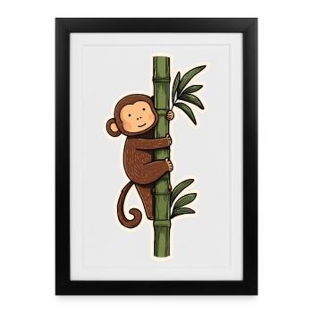 Kawaii Affe auf Bambus – Süßes Tiermotiv - Gerahmtes Poster (27 × 37 cm) - Schwarz - Vorne