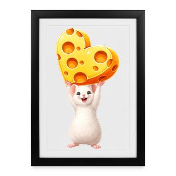 Souris mignonne avec motif d’animal en forme de cœur de fromage - Affiche encadrée (27 × 37 cm) - noir - Devant