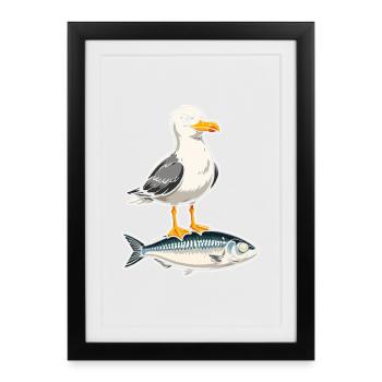 Seagull on Trout Cartoon - Framed poster (27 × 37 cm) - black - Front