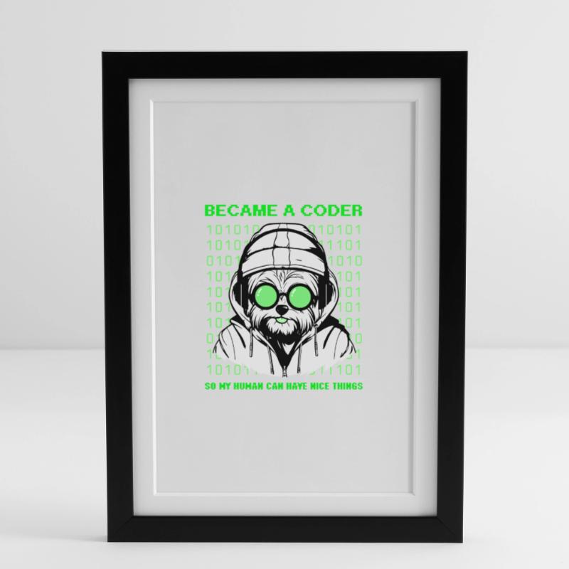 Became a Coder – Hacker Dog Binary Look Gerahmtes Poster (27 × 37 cm)