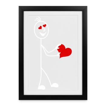 Figurine allumette avec coeur et cœurs dans les yeux - Affiche encadrée (27 × 37 cm) - noir - Devant