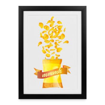 Open Chips Bag with Potato Chips and Banner - Framed poster (27 × 37 cm) - black - Front