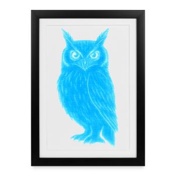Blaues LeuchtEulenMotiv - Gerahmtes Poster (27 × 37 cm) - Schwarz - Vorne