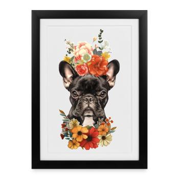 Bouledogue français avec des fleurs - Affiche encadrée (27 × 37 cm) - noir - Devant