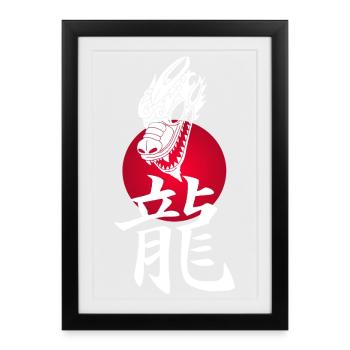 Dragon japonais blanc et soleil rouge - Affiche encadrée (27 × 37 cm) - noir - Devant