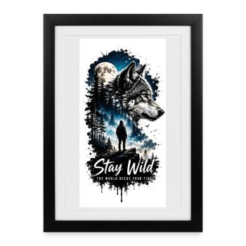Loup au clair de lune dans la forêt - Affiche encadrée (27 × 37 cm) - noir - Devant