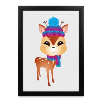 mignon petit cerf avec bonnet pompon et écharpe - Affiche encadrée (27 × 37 cm) - noir - Devant