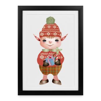 Adorable lutin de Noël mignon avec cadeau - Affiche encadrée (27 × 37 cm) - noir - Devant
