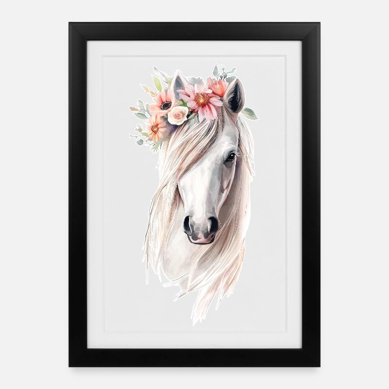 Cheval avec des fleurs - Affiche encadrée (27 × 37 cm) - noir