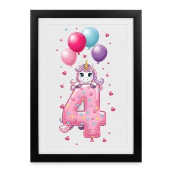 4e anniversaire de Fille Mignonne Licorne 4e - Affiche encadrée (27 × 37 cm) - noir - Devant