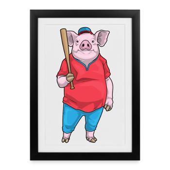 Pig Baseball Batte de baseball - Affiche encadrée (27 × 37 cm) - noir - Devant