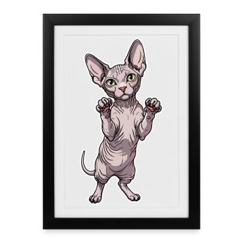 Chat Sphynx Mignon Posture Debout Portrait - Affiche encadrée (27 × 37 cm) - noir - Devant