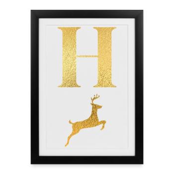 Lettre h cerf doré - idée cadeau - Affiche encadrée (27 × 37 cm) - noir - Devant
