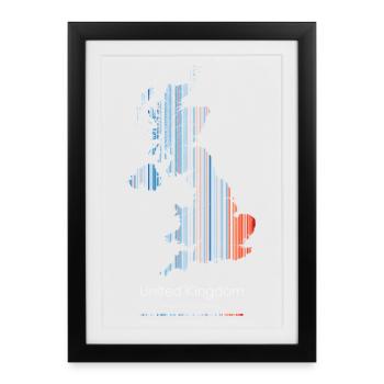 Royaume-Uni – Histoire du climat Carte des rayures du réchauffement imprimé - Affiche encadrée (27 × 37 cm) - noir - Devant