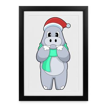 Hippopotames Noël Hiver - Affiche encadrée (27 × 37 cm) - noir - Devant