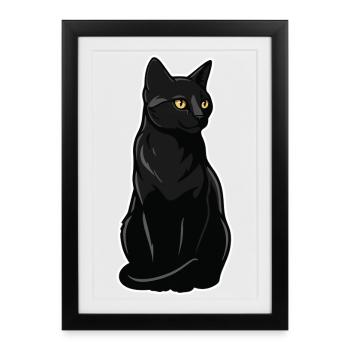 Chat Noir Assis Yeux Jaunes Portrait Élégant - Affiche encadrée (27 × 37 cm) - noir - Devant