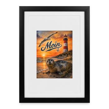 Sonnenuntergang am Meer Seehund - Gerahmtes Poster (27 × 37 cm) - Schwarz - Vorne