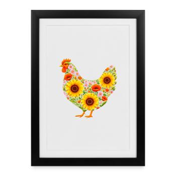 Huhn mit Blumen Design – Florale Landliebe - Gerahmtes Poster (27 × 37 cm) - Schwarz - Vorne