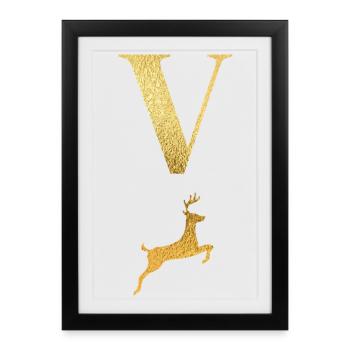 Lettre v cerf doré - idée cadeau - Affiche encadrée (27 × 37 cm) - noir - Devant