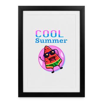 Pastèque fraîche d’été – Ambiance estivale Kawaii mignonne - Affiche encadrée (27 × 37 cm) - noir - Devant
