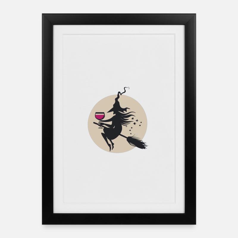 Moonlit Witch on Broom with Wine - Framed poster (27 × 37 cm) - black