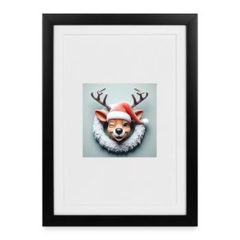 Lachendes Rentier mit Kranz - Gerahmtes Poster (27 × 37 cm) - Schwarz - Vorne