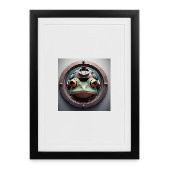 Grenouille avec casque de plongée regardant à travers le hublot - Affiche encadrée (27 × 37 cm) - noir - Devant