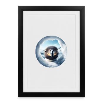 Pingouin regarde à travers le trou, paysage de neige - Affiche encadrée (27 × 37 cm) - noir - Devant