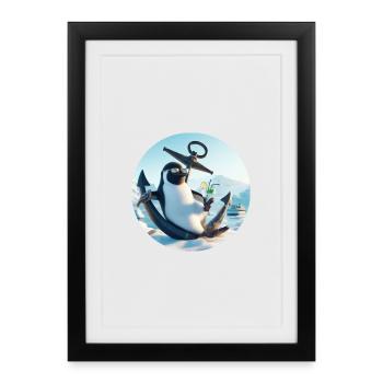 Un pingouin décontracté s’assoit sur l’ancre et boit - Affiche encadrée (27 × 37 cm) - noir - Devant