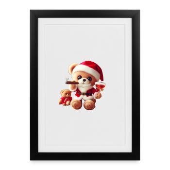 Weihnachtsteddy mit Zigarre und Wein - Gerahmtes Poster (27 × 37 cm) - Schwarz - Vorne
