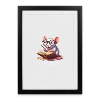 Leseratte mit Brille und Buch - Gerahmtes Poster (27 × 37 cm) - Schwarz - Vorne