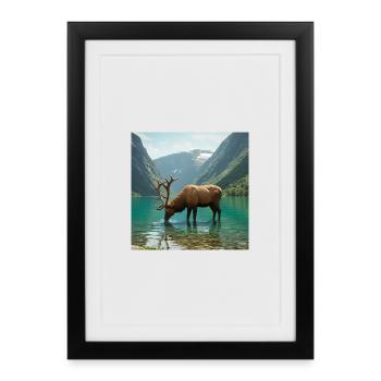 Alpine deer at the quiet lake - Framed poster (27 × 37 cm) - black - Front