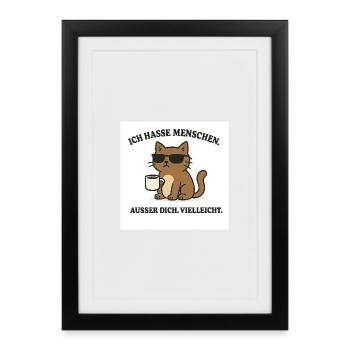 Thème chat avec tasse à café et lunettes de soleil - Affiche encadrée (27 × 37 cm) - noir - Devant