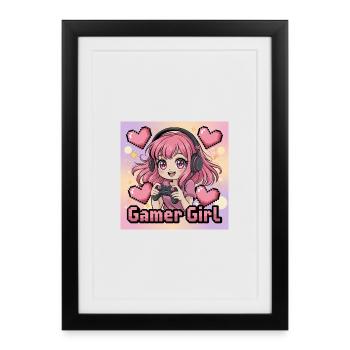 Pixel Art Gamer Fille Illustration - Affiche encadrée (27 × 37 cm) - noir - Devant