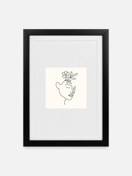 Floral Serenity – Minimalistisches Line Art Portrait - Gerahmtes Poster (27 × 37 cm) - Schwarz