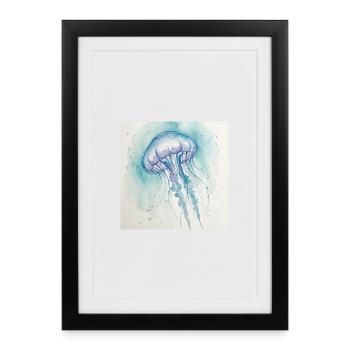 Aquarelle de Méduse, Bleu Océan - Affiche encadrée (27 × 37 cm) - noir - Devant