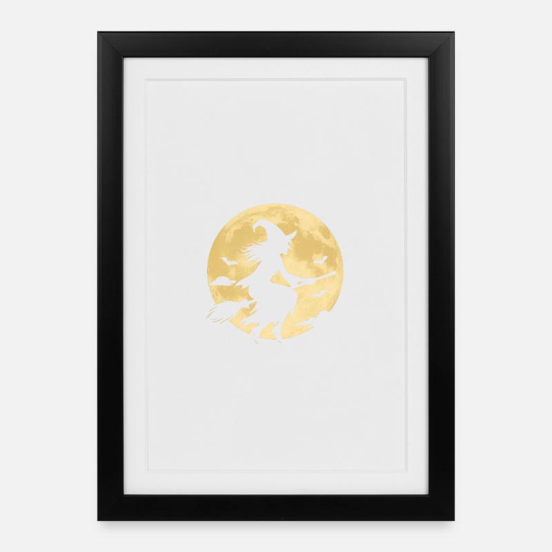 Mondschein Hexe auf Besen - Gerahmtes Poster (27 × 37 cm) - Schwarz