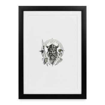 Odin : Dieu de la guerre avec les corbeaux, Hugin et Munin - Affiche encadrée (27 × 37 cm) - noir - Devant