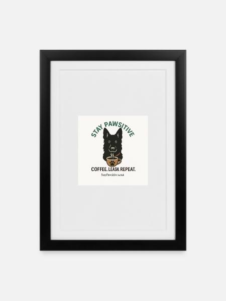 Stay Pawsitive Chien Motif Café - Affiche encadrée (27 × 37 cm) - noir