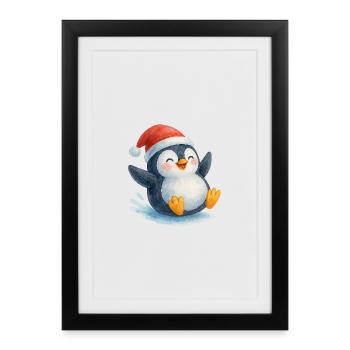 Le Pingouin de Noël dans le style aquarelle - Affiche encadrée (27 × 37 cm) - noir - Devant