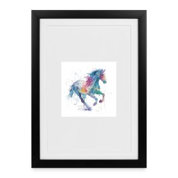 Cheval aquarelle au galop arc-en-ciel - Affiche encadrée (27 × 37 cm) - noir - Devant