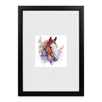 Aquarell Pferd und Blüten - Gerahmtes Poster (27 × 37 cm) - Schwarz - Vorne