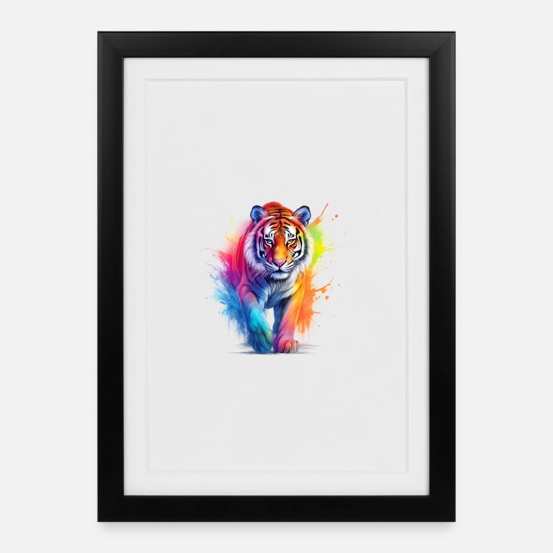 Regenbogen Tiger im Aquarell-Farbsplash.Look - Gerahmtes Poster (27 × 37 cm) - Schwarz