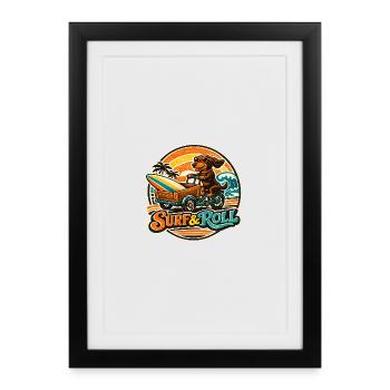 Teckel surf & roll avec planche de surf - Affiche encadrée (27 × 37 cm) - noir - Devant