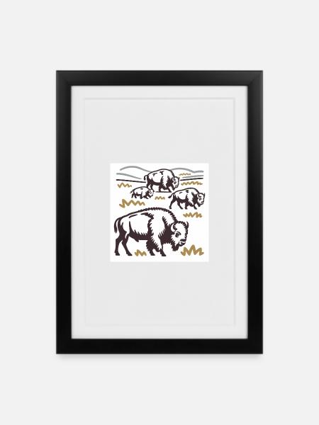 Herd of bison on the steppe - Framed poster (27 × 37 cm) - black