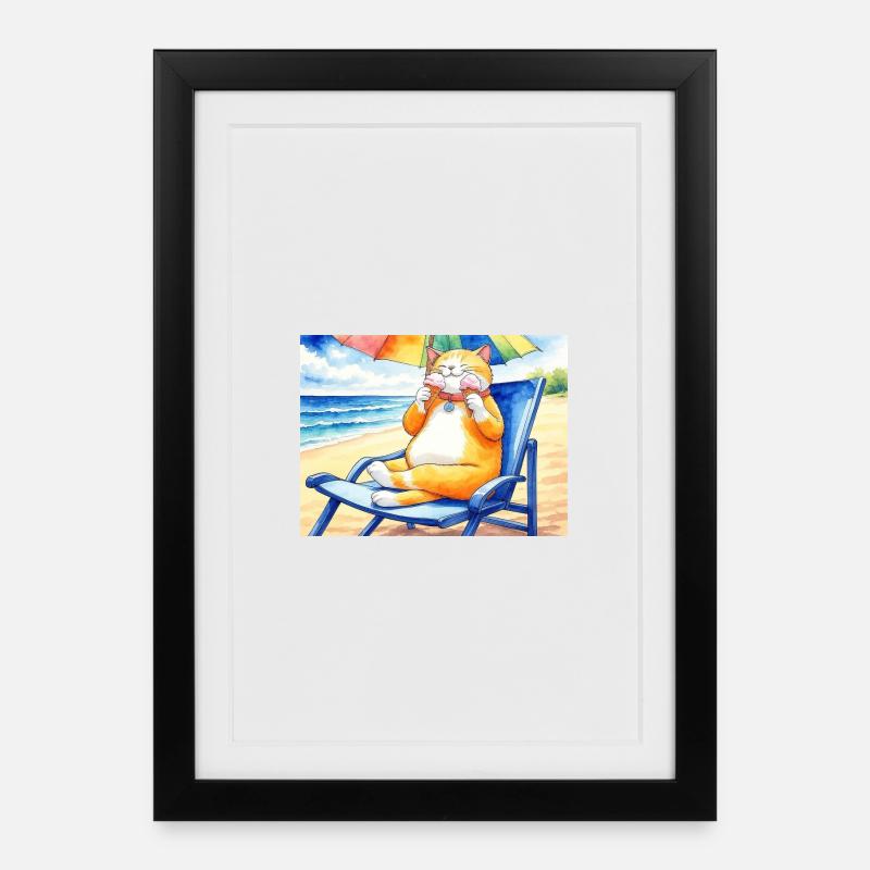 Katze am Strand mit Eiscreme - Framed poster (27 × 37 cm) - black